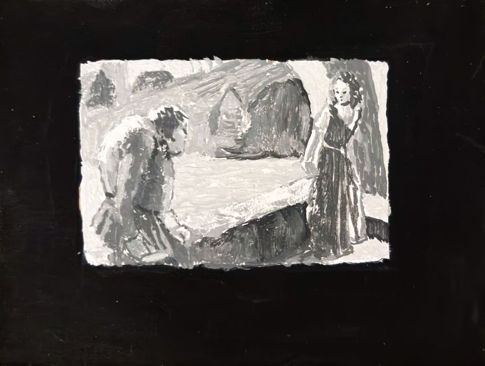 Borsos_Old-cinema-I_gouache-su-pannello_7,8x10,2cm_con cornice e sfondo